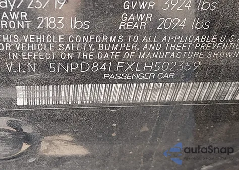 2020 Hyundai Elantra Limited from USA, damaged, VIN 5NPD84LFXLH502359